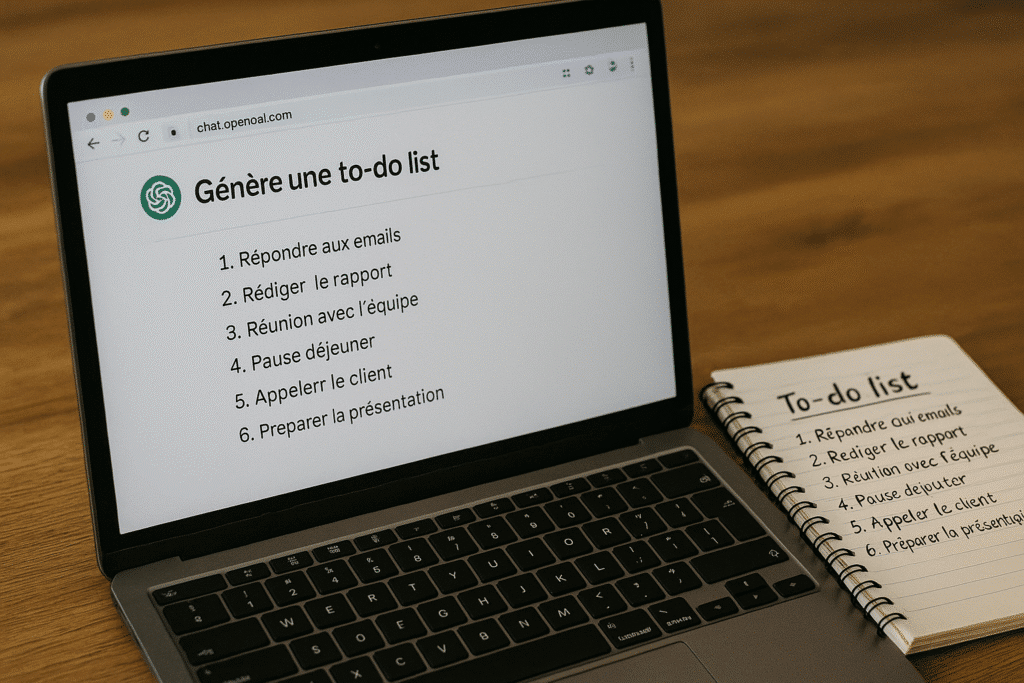 Une to-do list IA claire, simple et rapide Écran d’ordinateur affichant une to-do list générée par IA, avec sa version manuscrite sur un carnet.