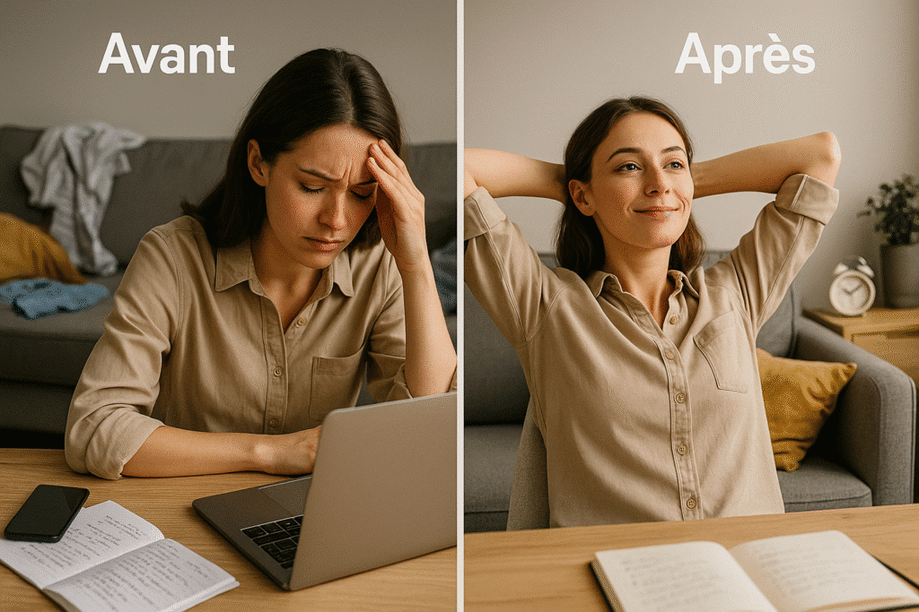 Avant/Après l’IA : la différence en une routine Femme stressée avant l’IA et détendue après l’avoir utilisée, en comparaison côte à côte.