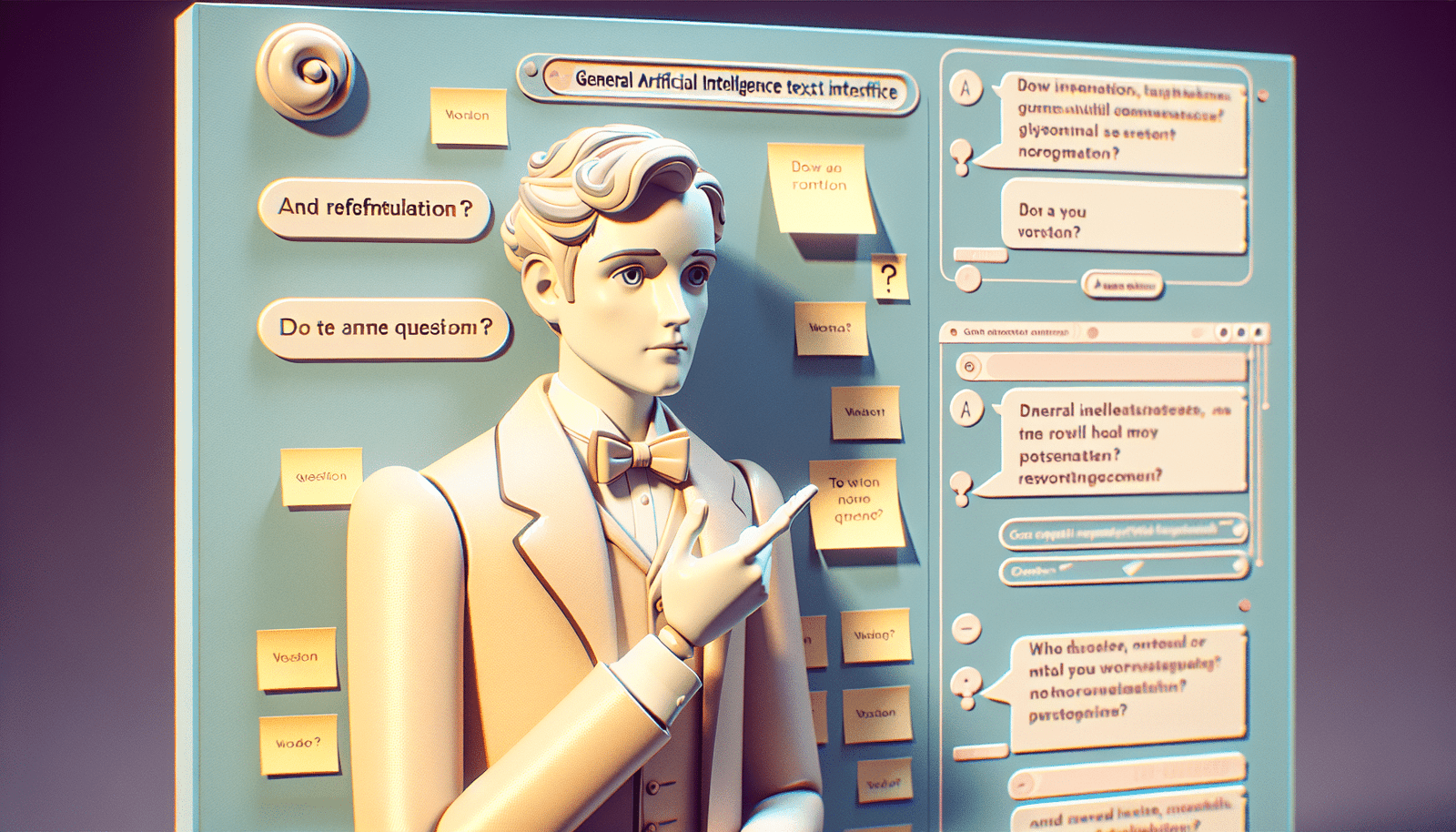 Un personnage stylisé (type Pixar) face à une interface ChatGPT, en train de reformuler une question, air pensif et concentré, couleurs pastels.  Sur le mur derrière lui, des post-its avec différentes formulations de la même question.