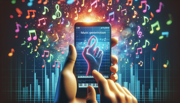 Une main stylisée tenant un smartphone, affichant l'interface d'Amper Music. En arrière-plan, des notes de musique colorées flottent dans l'air. Ambiance onirique et inspirante.