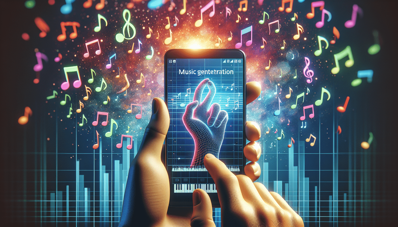 Une main stylisée tenant un smartphone, affichant l'interface d'Amper Music. En arrière-plan, des notes de musique colorées flottent dans l'air. Ambiance onirique et inspirante.