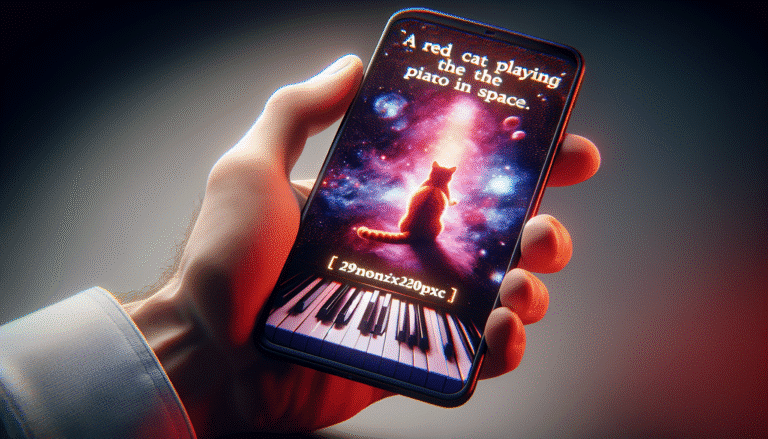 Une main tenant un smartphone affichant une image de Midjourney générée à partir du texte "chat roux jouant du piano dans l'espace", style photo réaliste, coloré, haute résolution, 1920x1080px, éclairage doux, focus sur l'écran du téléphone.