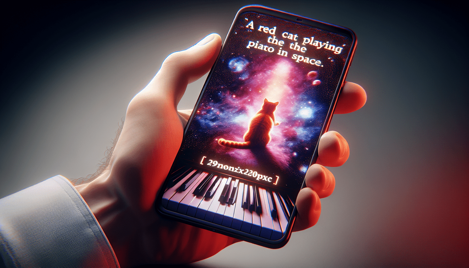 Une main tenant un smartphone affichant une image de Midjourney générée à partir du texte "chat roux jouant du piano dans l'espace", style photo réaliste, coloré, haute résolution, 1920x1080px, éclairage doux, focus sur l'écran du téléphone.