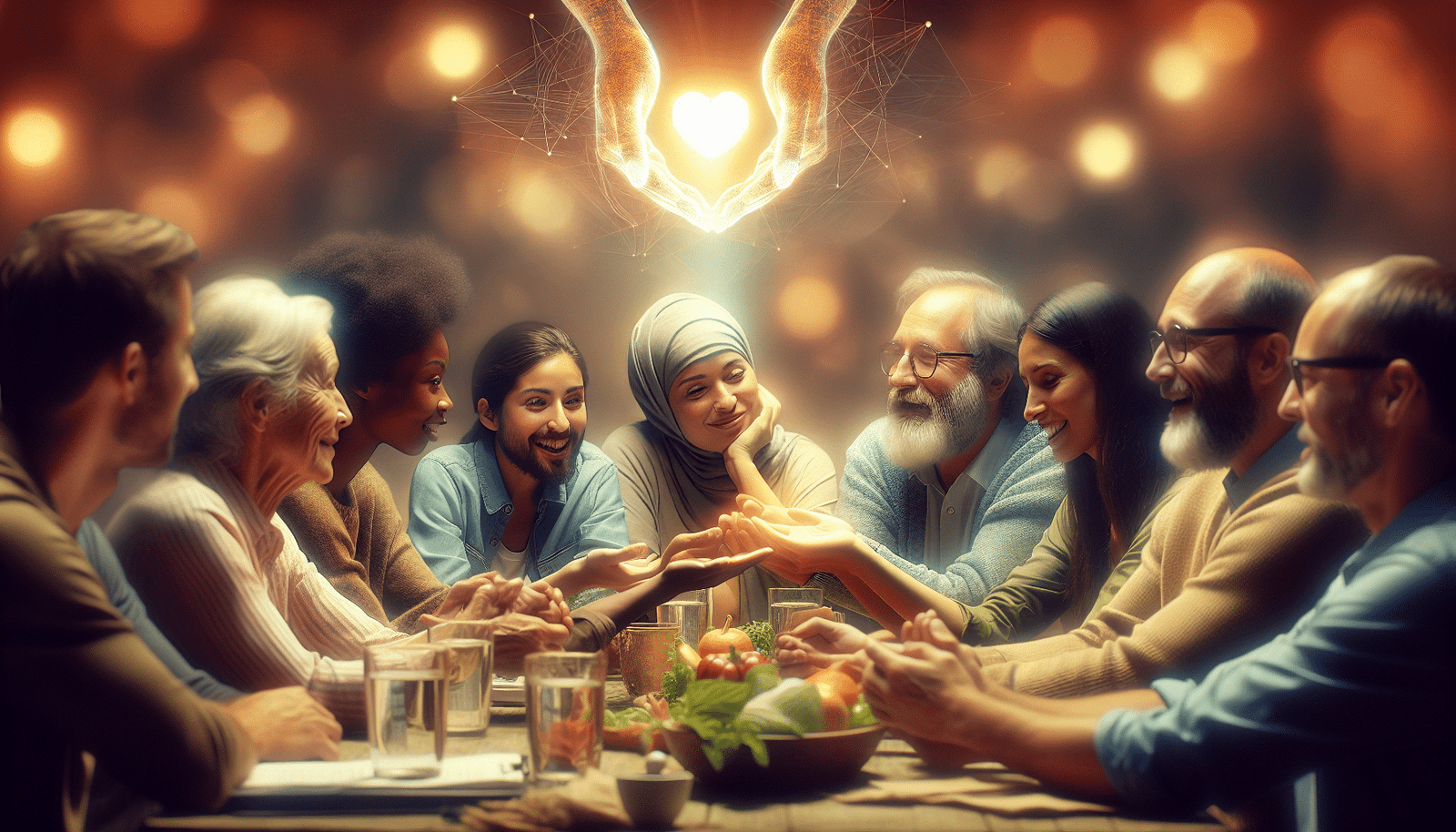 Un groupe de personnes (diverses âges et ethnies) échangeant avec passion et empathie autour d'une table, avec une légère lueur numérique en arrière-plan symbolisant la technologie discrète au service de l'humain. Scène chaleureuse et collaborative, émotion palpable, gros plan sur les visages expressifs, ambiance bienveillante.