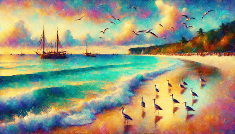 Photo de plage classique transformée en tableau impressionniste via Midjourney, couleurs vibrantes, style onirique, ajout de détails subtils comme des oiseaux marins, résolution >1200px