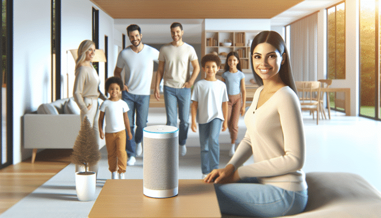 Une maison moderne et lumineuse, avec des lignes épurées, où l'on voit un assistant vocal discret sur une table basse. L'ambiance est chaleureuse et conviviale, avec des personnes souriantes interagissant naturellement avec la technologie. Un enfant demande à Josh.ai d'allumer les lumières de sa chambre. Couleurs dominantes : blanc, beige, bleu clair. Style: photo réaliste.