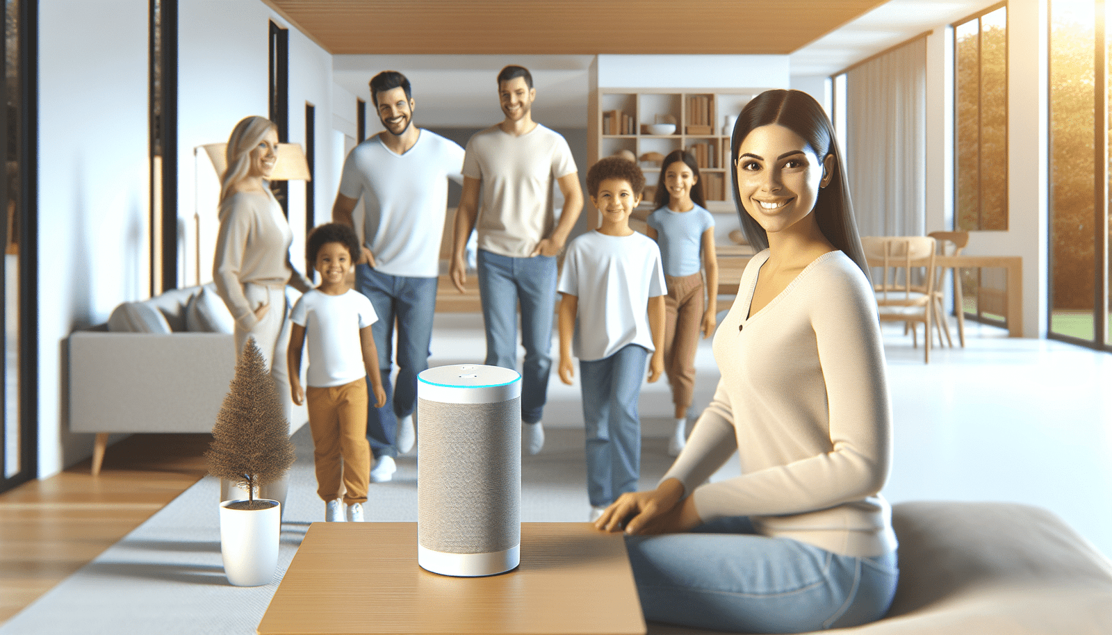 Une maison moderne et lumineuse, avec des lignes épurées, où l'on voit un assistant vocal discret sur une table basse. L'ambiance est chaleureuse et conviviale, avec des personnes souriantes interagissant naturellement avec la technologie. Un enfant demande à Josh.ai d'allumer les lumières de sa chambre. Couleurs dominantes : blanc, beige, bleu clair. Style: photo réaliste.