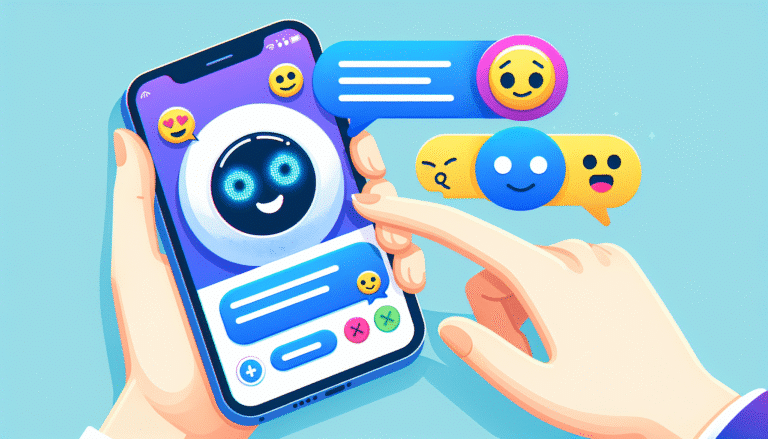 Illustration stylisée d'un chatbot souriant répondant à un client sur son smartphone, affichant des emojis sympathiques. Couleurs vives et apaisantes, style bande dessinée.