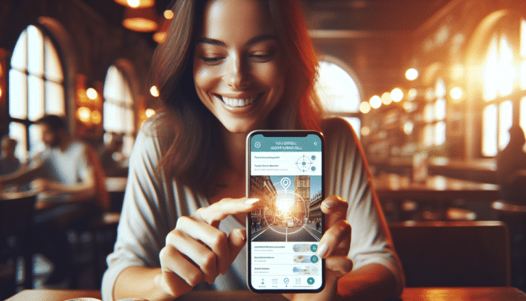 Une femme souriante, assise confortablement dans un café, utilise son téléphone. Sur l'écran du téléphone, on voit l'interface de Bard suggérant un itinéraire de voyage détaillé avec photos et informations sur les destinations. Ambiance chaleureuse et lumineuse, style illustration moderne et épuré, résolution >1200px.