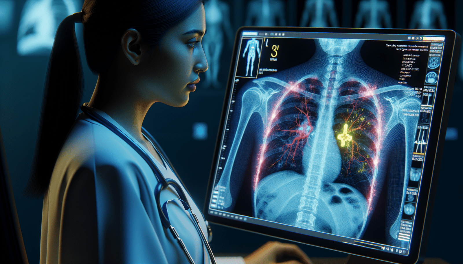 Illustration réaliste d'une radiographie pulmonaire analysée par une IA, avec des zones suspectes mises en évidence en 3D et en couleur.  Un médecin est visible en arrière-plan, observant l'écran.