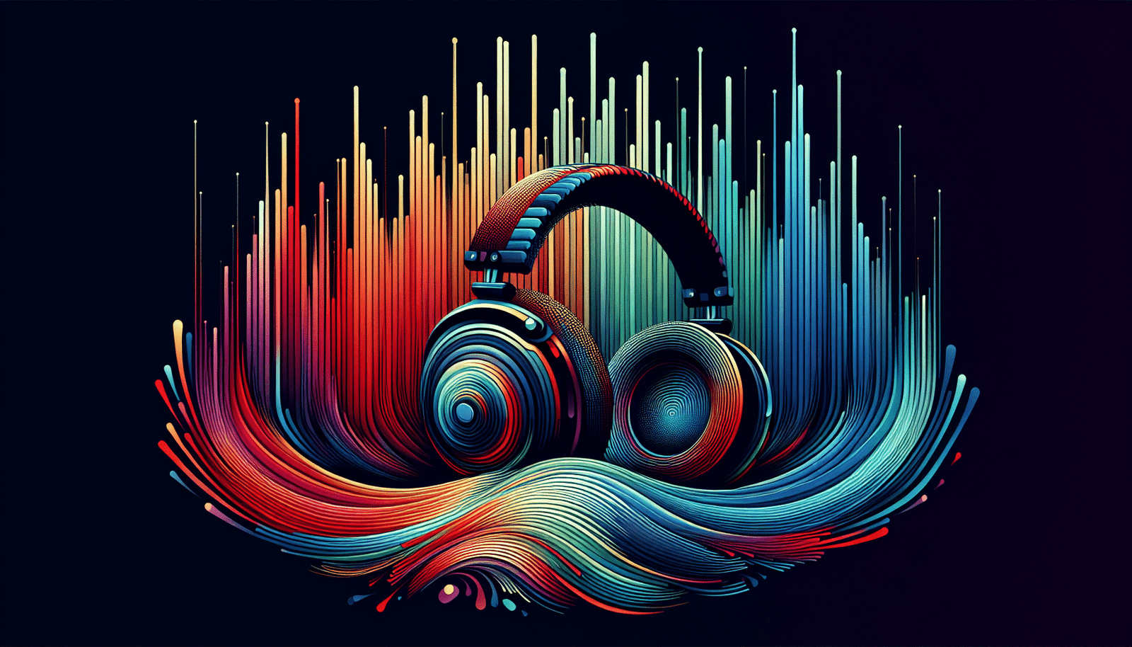 Un casque audio stylisé sur fond d'ondes sonores vibrantes. Couleurs modernes et dynamiques. Sensation de puissance et de précision.