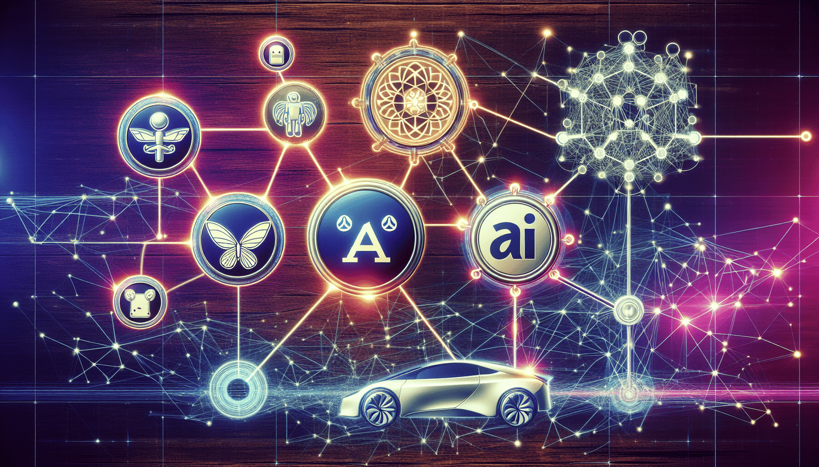 Illustration représentant un réseau de connexions entre les logos de xAI, Twitter et Tesla. Ambiance dynamique et interconnectée.