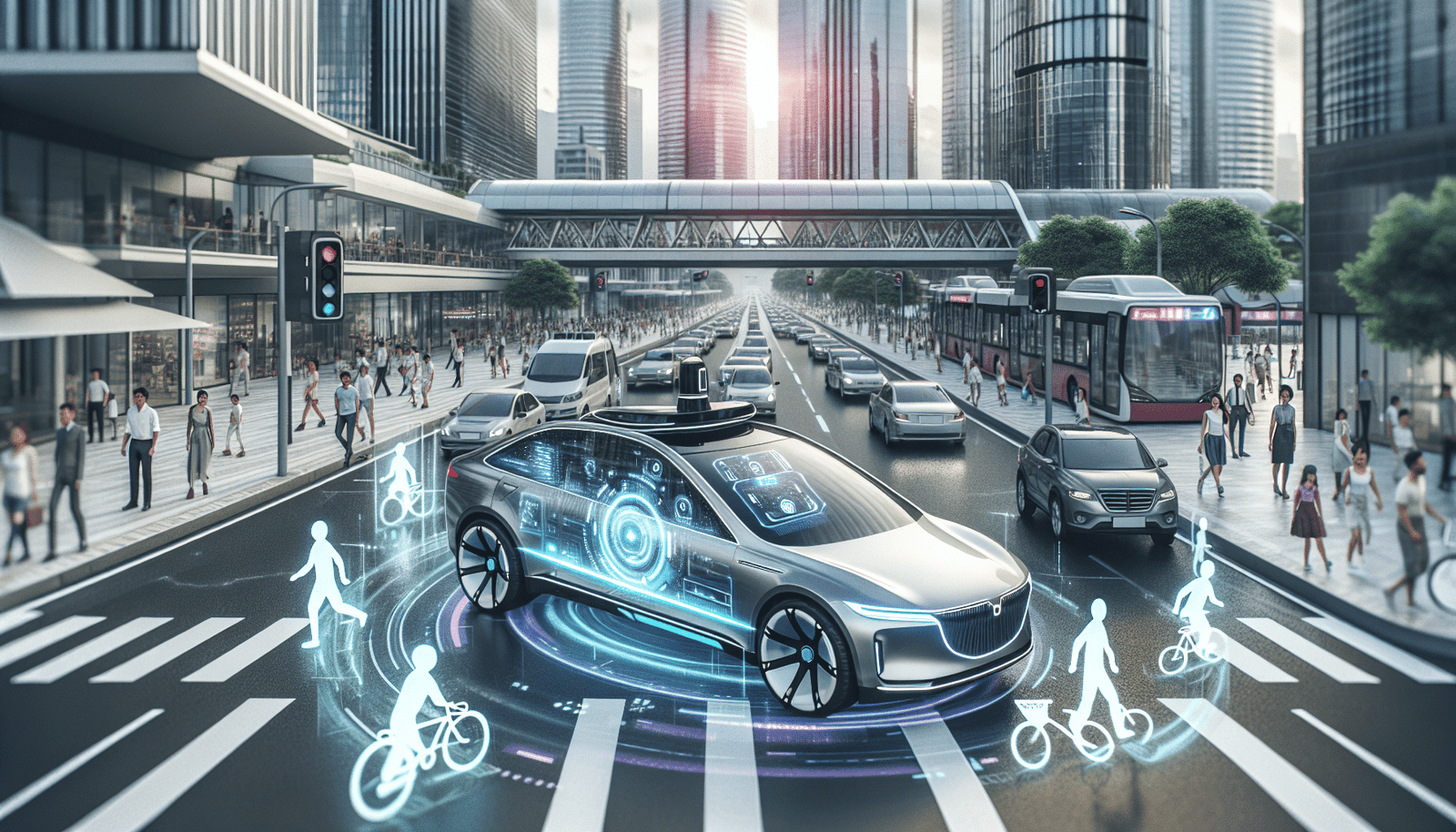 Photo réaliste d'une voiture autonome en circulation dans un environnement urbain, avec une interface futuriste affichant en réalité augmentée les données de conduite sur le pare-brise.  Piétons et cyclistes visibles autour du véhicule.