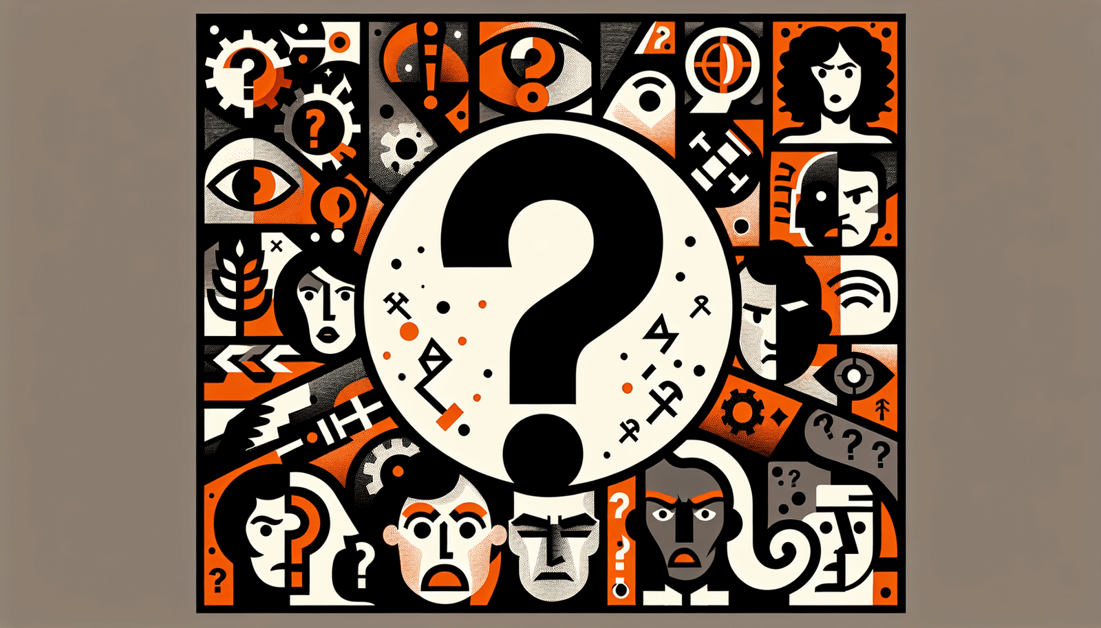Image stylisée avec un point d'interrogation géant au centre, entouré de symboles représentant la liberté d'expression, la censure et l'éthique. Couleurs dominantes : orange et gris.  On peut apercevoir des visages humains exprimant des émotions contrastées : colère, perplexité, inquiétude.