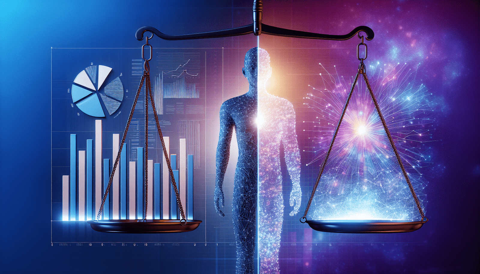 Représentation graphique d'une balance de justice avec, d'un côté, des données structurées et de l'autre, une silhouette humaine. Le fond est un dégradé de bleu et violet.