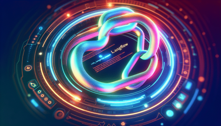 Un cadenas stylisé et lumineux, flottant au-dessus d'une interface utilisateur Langflow. Couleurs vibrantes et futuristes, avec un léger effet de profondeur.