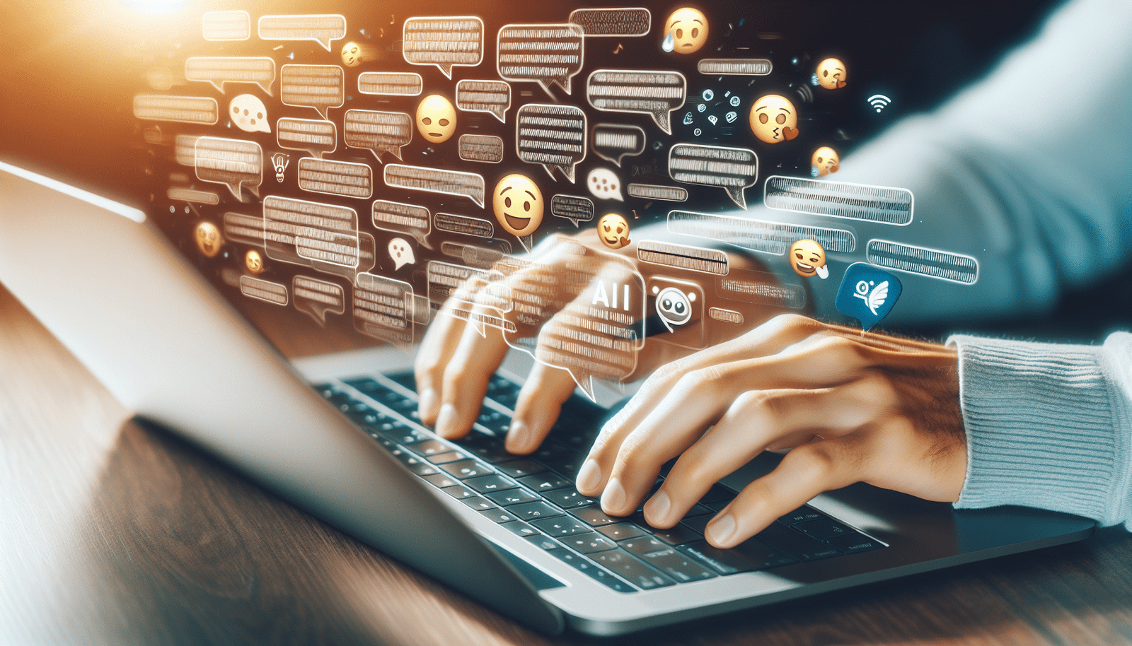 Une main tapant sur un clavier d'ordinateur portable, avec des bulles de texte contenant des phrases et des emojis qui s'envolent de l'écran. Une petite icône d'IA se trouve à côté de la barre d'espace. L'ambiance est productive et créative, avec des couleurs douces et inspirantes.  Mettre l'accent sur la rapidité et la facilité de rédaction.