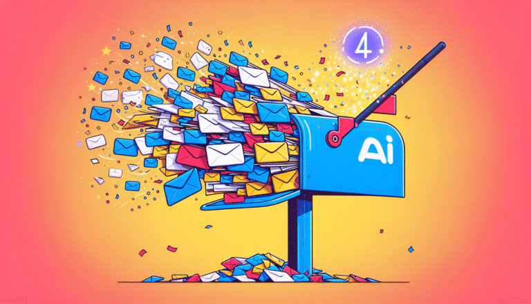 Une illustration colorée et dynamique d'une boîte mail encombrée de newsletters et spams se vidant progressivement grâce à une baguette magique "IA". Des confettis et des icônes de temps qui s'affichent symbolisant le temps gagné. Style épuré et moderne pour Google Discover. Dimensions >1200px.