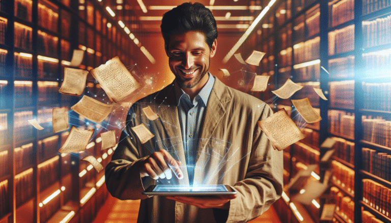 Un archiviste numérique, souriant, utilisant une tablette tactile pour interagir avec des documents anciens virtuels qui flottent en 3D autour de lui, dans une ambiance de bibliothèque futuriste et chaleureuse avec des rayons lumineux.