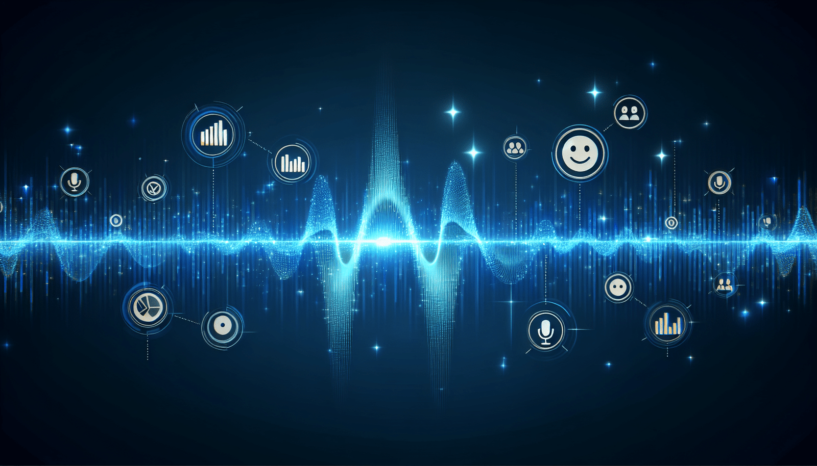 Image stylisée représentant une onde sonore se transformant en données et statistiques. Des icônes représentant des sourires de clients satisfaits apparaissent autour. Fond bleu foncé avec des lignes lumineuses symbolisant la technologie. Style Google Discover, haute résolution >1200px.