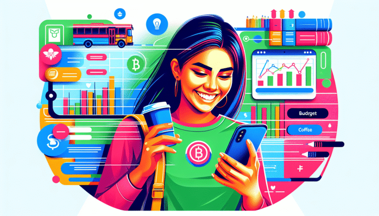 Illustration colorée et dynamique d'un étudiant souriant consultant son téléphone, avec l'interface de Wally affichant un budget équilibré et des graphiques clairs. Style Discover, >1200px, ajouter des éléments visuels représentant des dépenses étudiantes typiques comme des livres, un café, des transports en commun