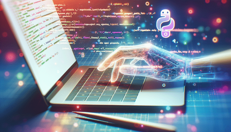 Une main tapant rapidement sur un clavier d'ordinateur portable, avec des lignes de code Python et des symboles d'IA qui flottent autour. Style futuriste et lumineux, couleurs vibrantes. L'écran affiche une interface de rédaction minimaliste avec du texte généré automatiquement, similaire à Google Docs.