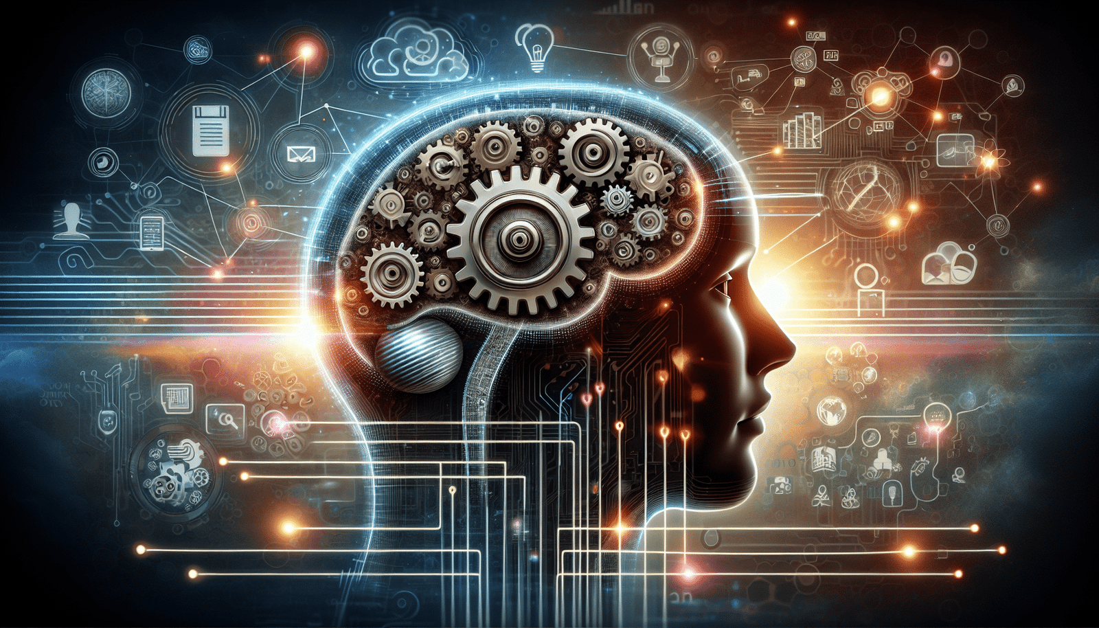 Cerveau humain stylisé avec des engrenages qui tournent, relié à une interface ChatGPT par un fil, mais aussi à des livres, des articles, et d'autres sources d'information. Ambiance futuriste et optimiste.