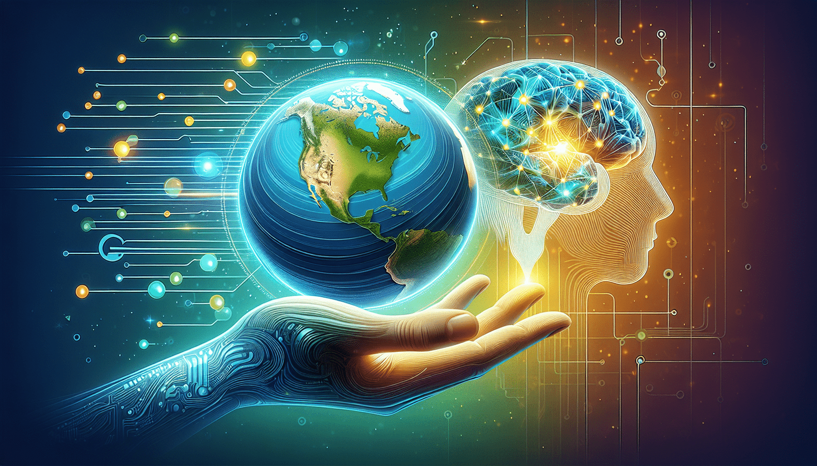 Illustration conceptuelle d'une main humaine tenant symboliquement un globe terrestre entouré de données numériques, le tout connecté à un cerveau stylisé représentant l'IA, couleurs apaisantes et inspirantes
