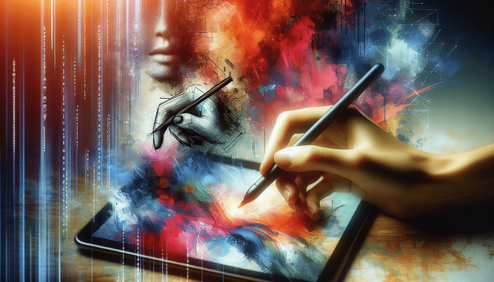 Une main tenant un stylet numérique créant une œuvre d'art abstraite et colorée sur une tablette, avec des lignes de code qui se fondent dans l'image. Style visuel: moderne, artistique, vibrant, technologique