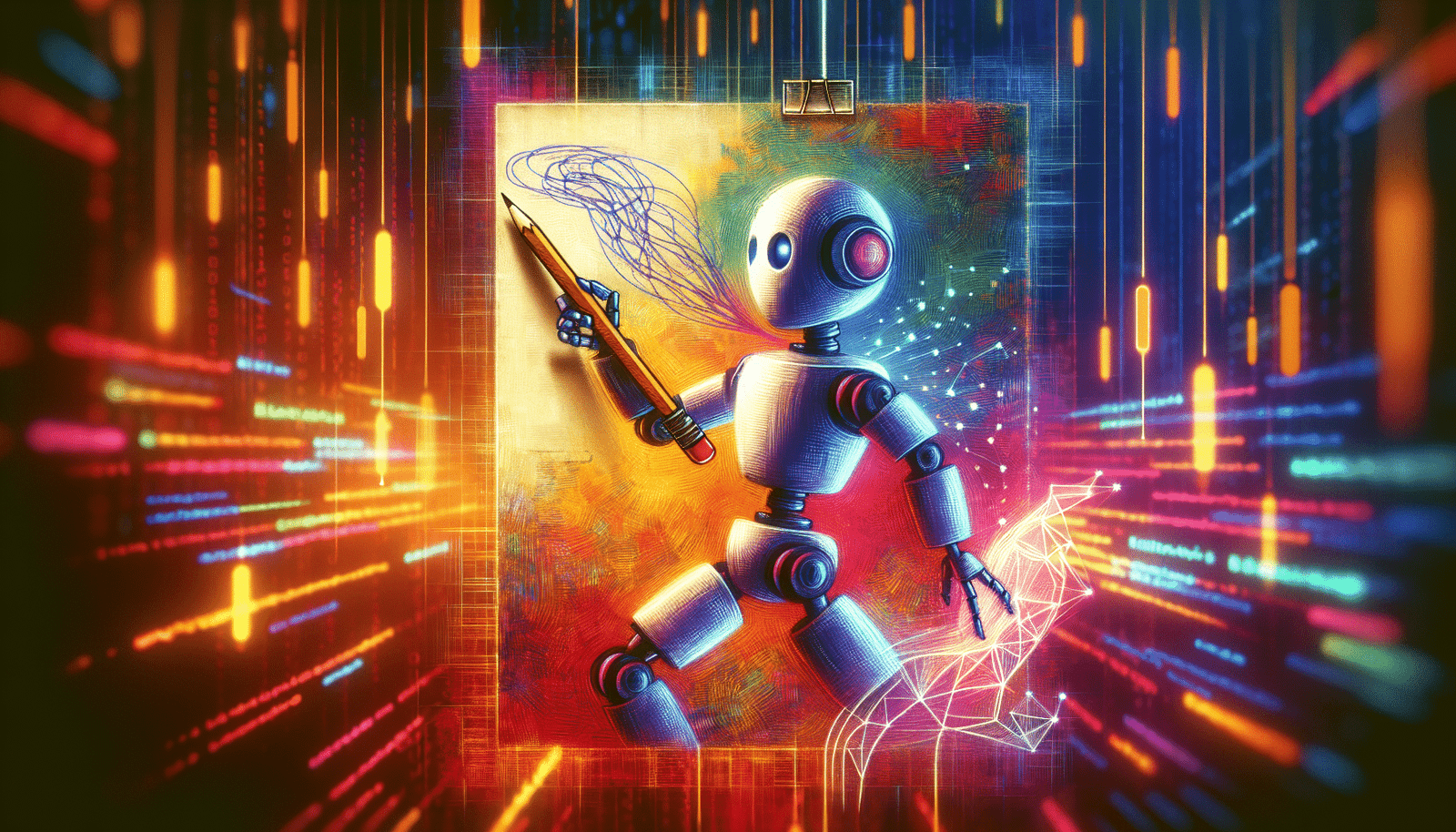 Illustration stylisée d’un robot dessinant avec un crayon une image floue et déformée, représentant la désinformation générée par l’IA, avec un fond coloré et lumineux et des lignes de code en arrière-plan