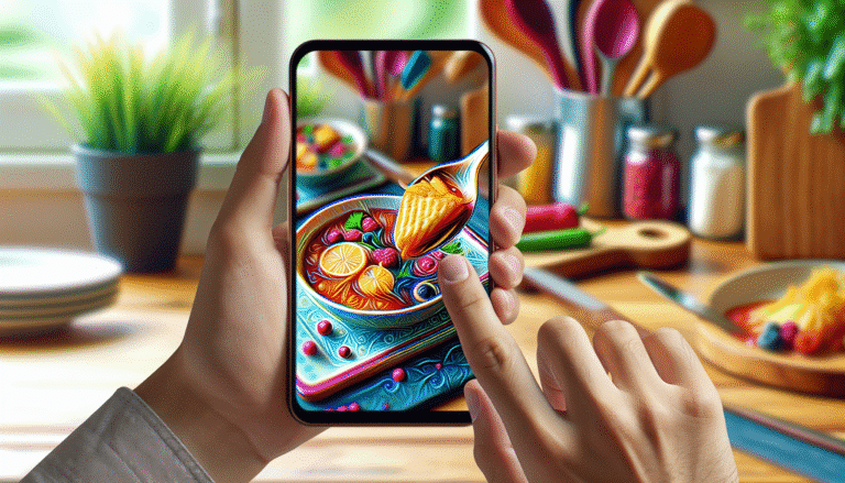 Une main tenant un smartphone affichant une image vibrante et stylisée d'un plat de cuisine gastronomique, générée par Midjourney. Style photo réaliste, lumineux et appétissant. Flou artistique subtil sur l'arrière-plan avec des ustensiles de cuisine. Résolution >1200px, format portrait pour Google Discover. Ajouter un léger reflet sur l'écran du téléphone.