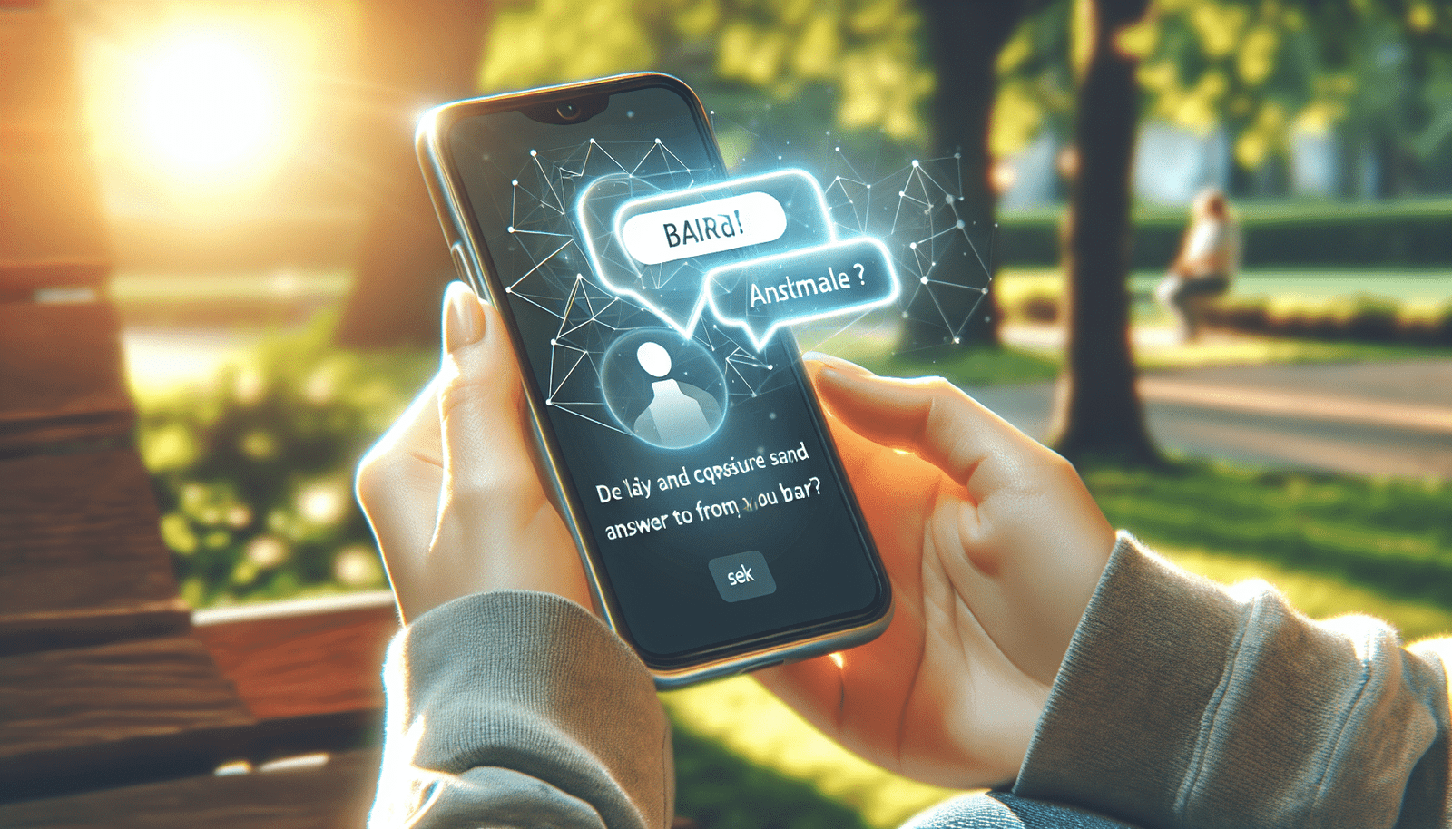 Une personne utilise son smartphone dans un parc ensoleillé. Une bulle de dialogue apparaît au-dessus du téléphone, affichant une réponse claire et concise de Bard à une question complexe. Ambiance décontractée et positive, style illustration moderne, résolution >1200px.