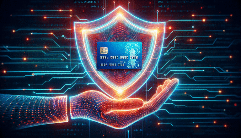 visuel Discover >1200px, une main stylisée tenant une carte bancaire protégée par un bouclier numérique lumineux, avec des lignes de code IA en arrière-plan, atmosphère sécurisante et futuriste.