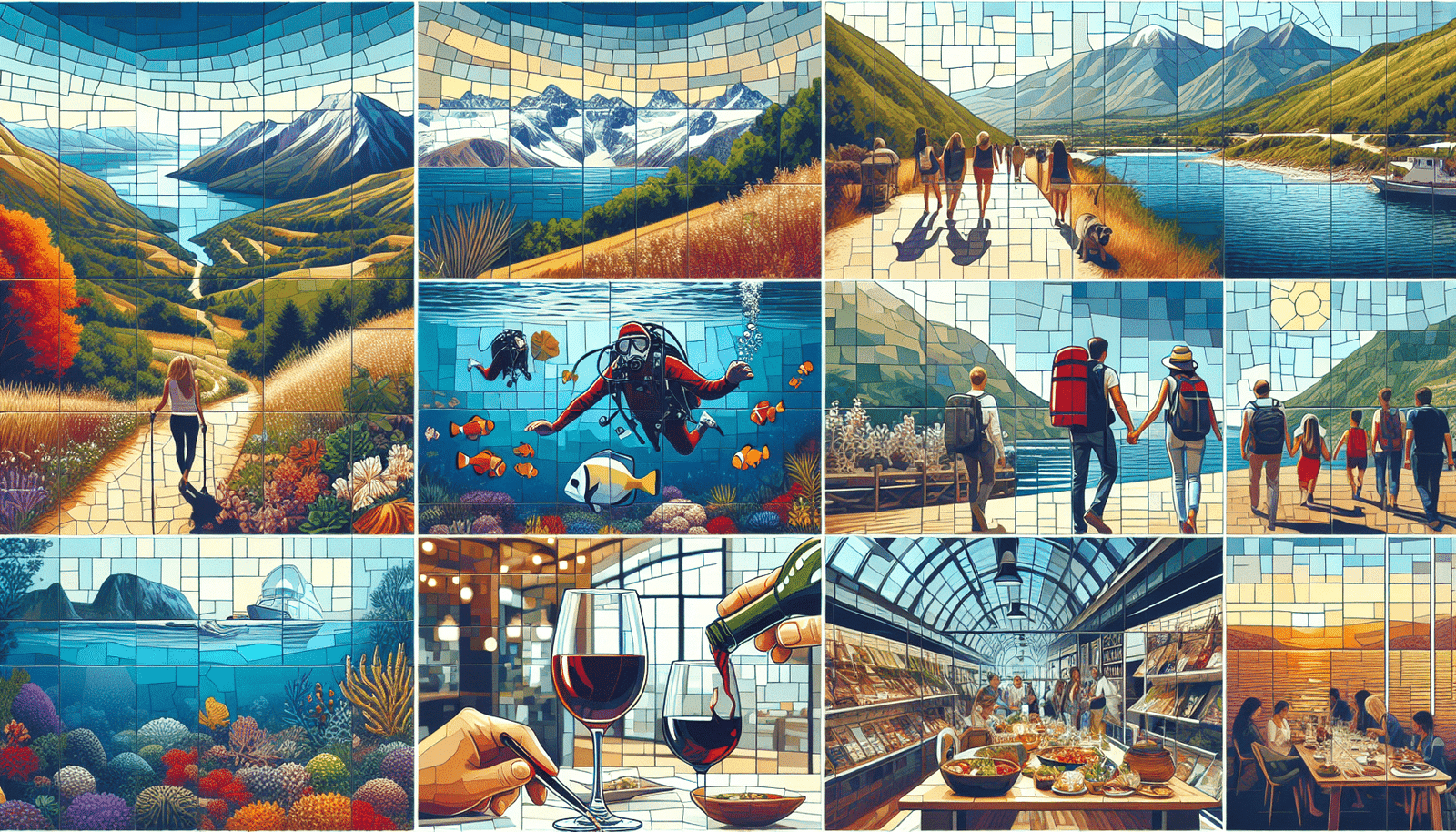 Une mosaïque d'images montrant des activités variées : randonnée en montagne avec vue panoramique, plongée sous-marine avec des poissons tropicaux, visite d'un musée d'art moderne, dégustation de vins dans un vignoble, cours de cuisine locale dans un marché animé. Ambiance dynamique et inspirante, style photo reportage.