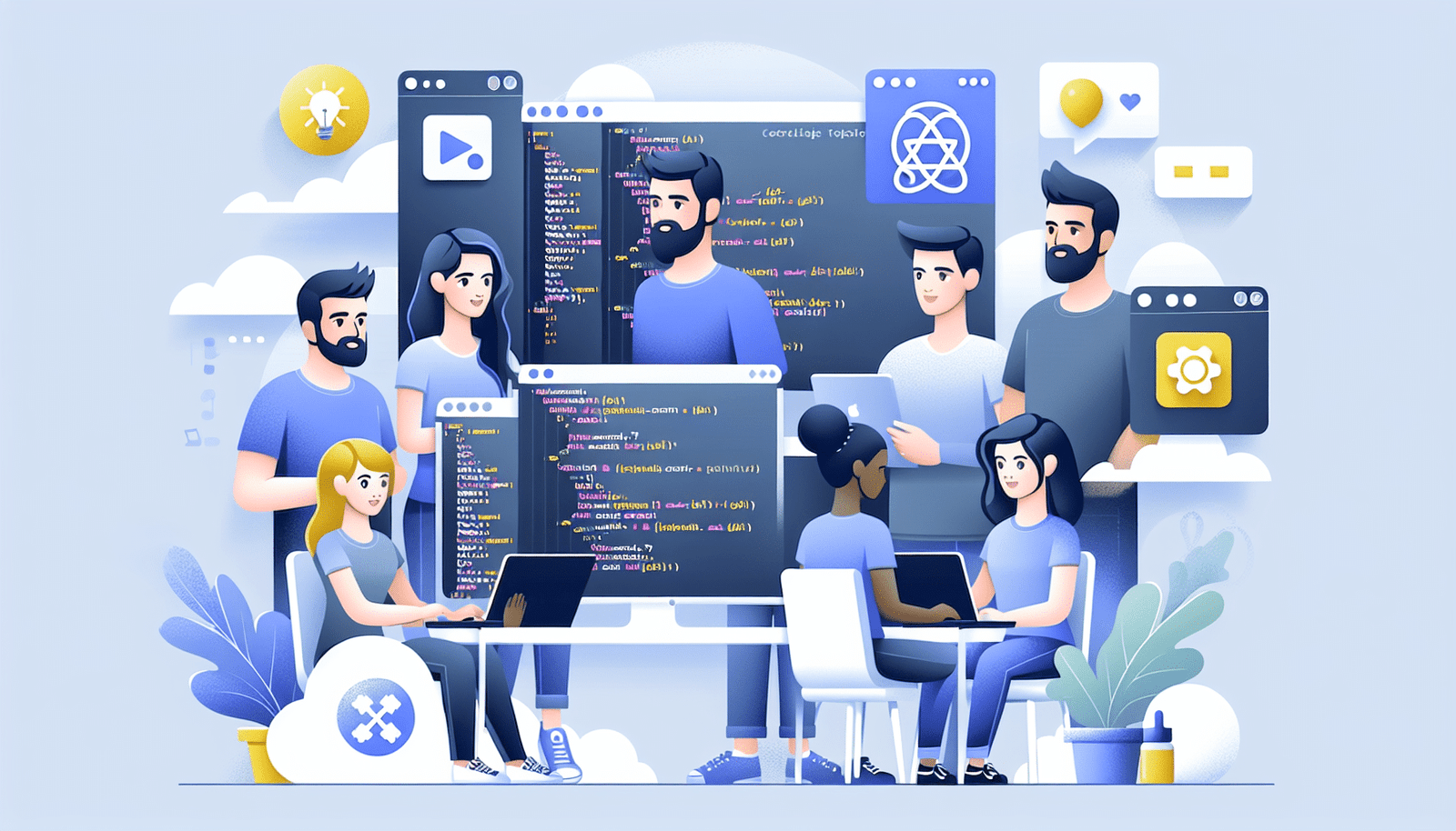 Illustration stylisée de plusieurs avatars de développeurs de différentes origines collaborant sur un projet de code (React) dans un environnement cloud, avec des icônes représentant différentes fonctionnalités comme le partage de code, le chat vidéo et le contrôle de version. Ambiance collaborative et connectée.