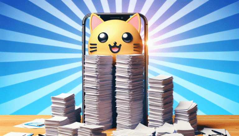 Une pile de documents imposante transformée en un simple chat souriant sur un smartphone, rayons de soleil en arrière-plan