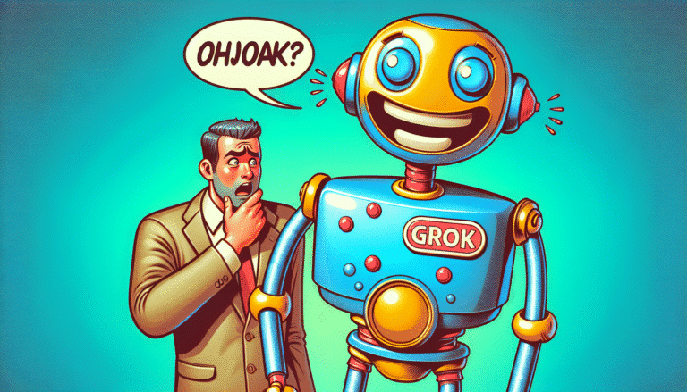 Une image stylisée et colorée représentant un robot souriant racontant une blague à un humain perplexe. Le robot a un badge "Grok" sur la poitrine. Fond bleu turquoise. L'humain lève les yeux au ciel, un mélange d'amusement et d'incrédulité sur son visage.