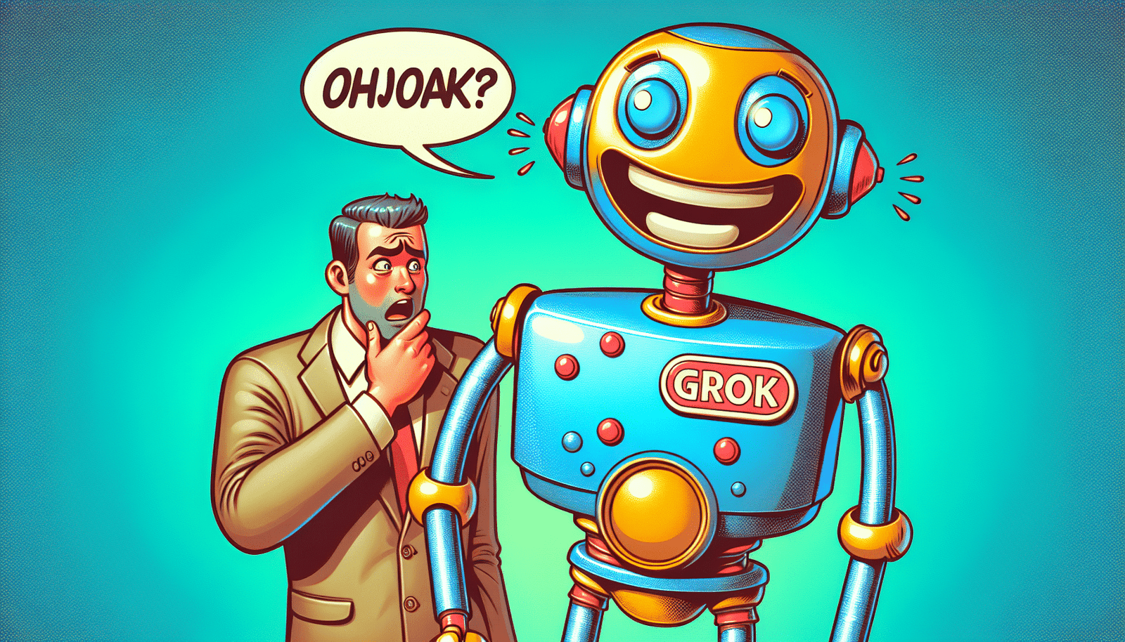 Une image stylisée et colorée représentant un robot souriant racontant une blague à un humain perplexe. Le robot a un badge "Grok" sur la poitrine. Fond bleu turquoise. L'humain lève les yeux au ciel, un mélange d'amusement et d'incrédulité sur son visage.