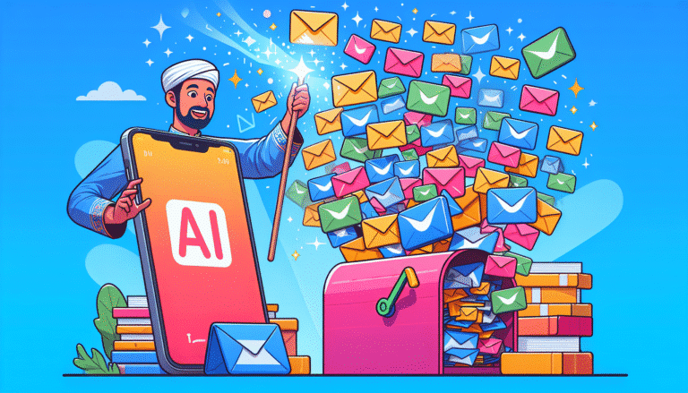 Illustration colorée et dynamique d'une boîte mail encombrée de newsletters et spams se vidant comme par magie grâce à une baguette magique "IA". Afficher un personnage souriant et détendu observant le processus sur son téléphone. Style "flat design", couleurs vives et positives.