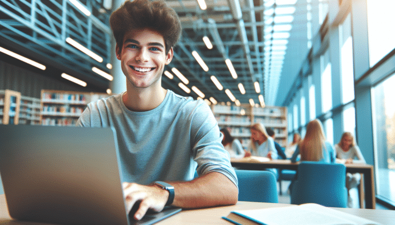 Etudiant souriant utilisant ChatGPT sur son ordinateur portable dans une bibliothèque moderne et lumineuse, style Discover, >1200px