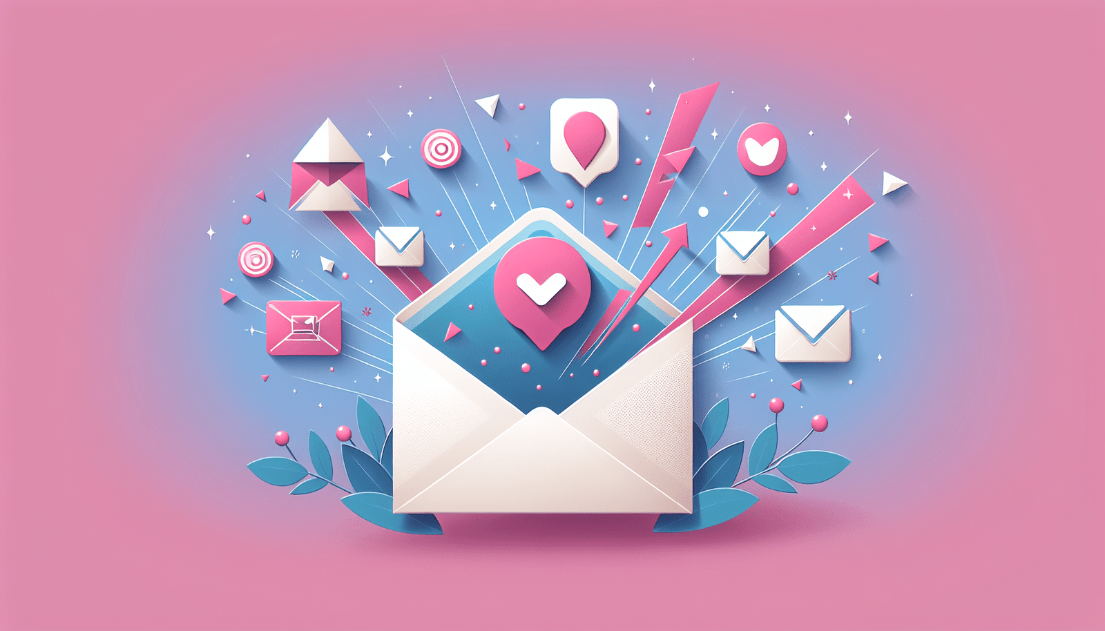Illustration d'une enveloppe stylisée s'ouvrant pour laisser apparaître des confettis et des icônes représentant des offres personnalisées et des messages ciblés. Fond rose clair avec des motifs géométriques subtils. Style Google Discover, haute résolution >1200px.