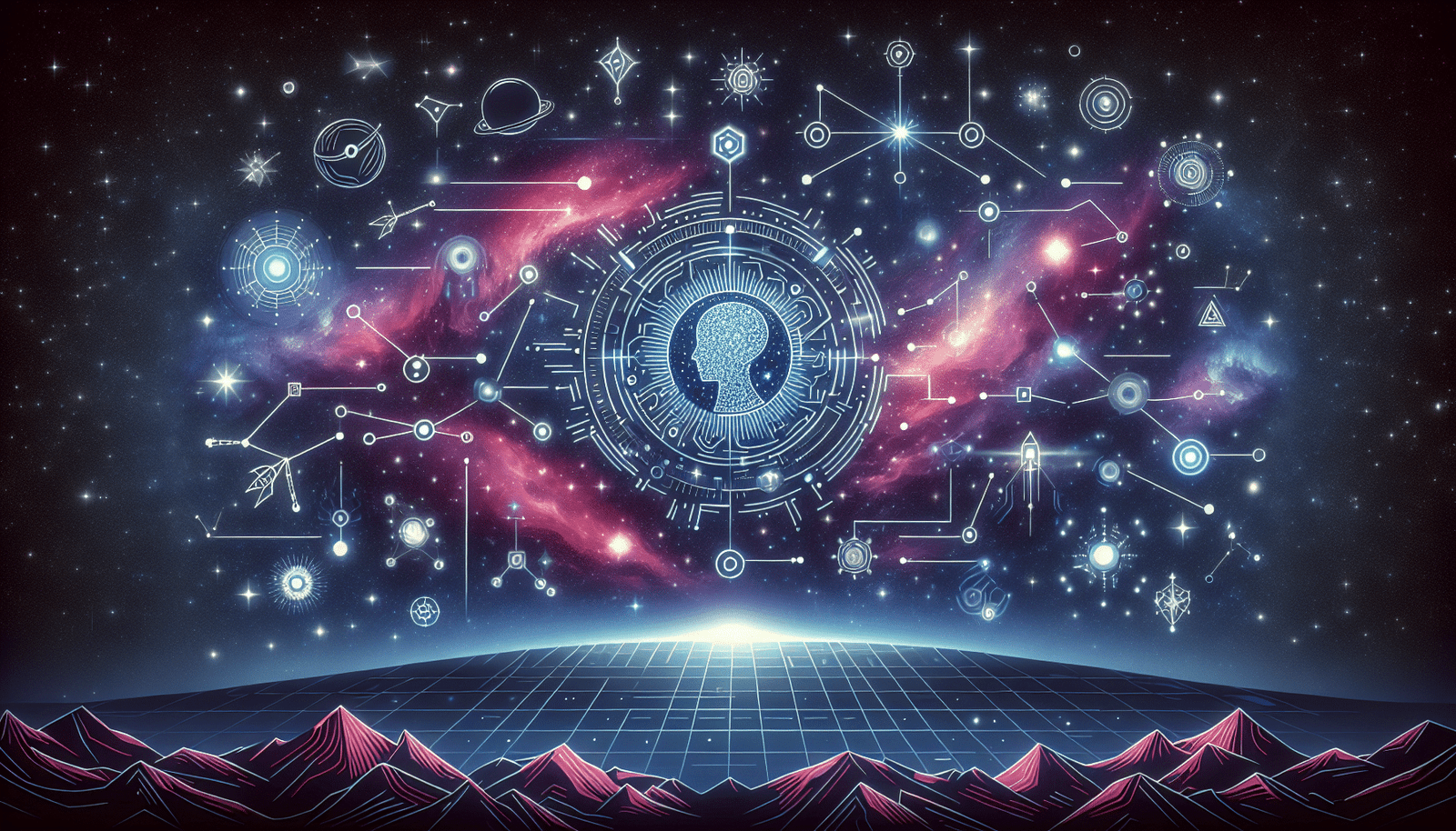 Illustration représentant l'univers stylisé avec des constellations et des galaxies,  au centre une représentation schématique d'une IA.  Ambiance cosmique et futuriste.