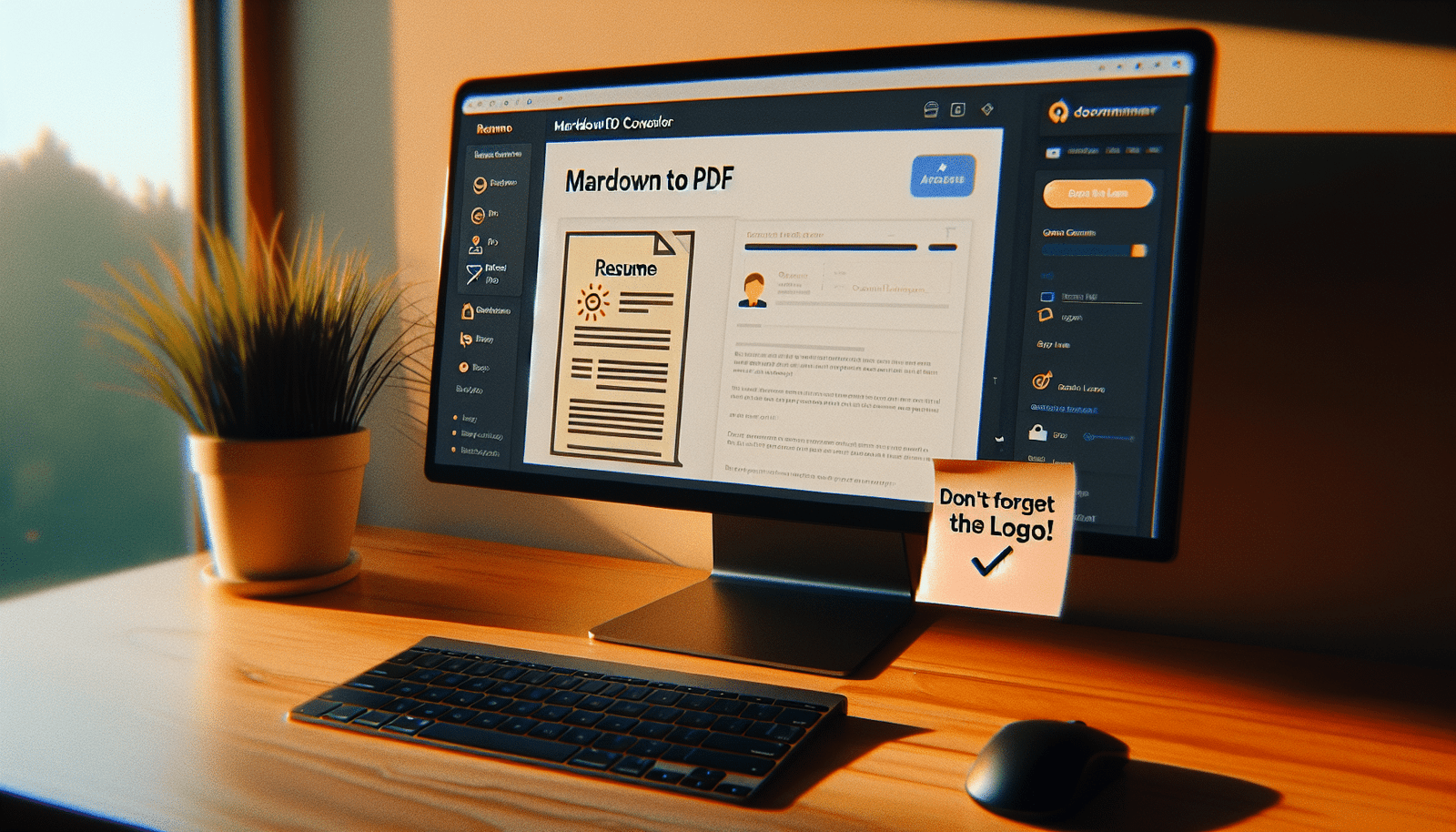 Un écran d'ordinateur affichant un convertisseur Markdown vers PDF en ligne, avec un fichier PDF du CV généré à côté, ambiance chaleureuse et productive, avec un post-it "N'oublie pas le logo !" pour un côté humain