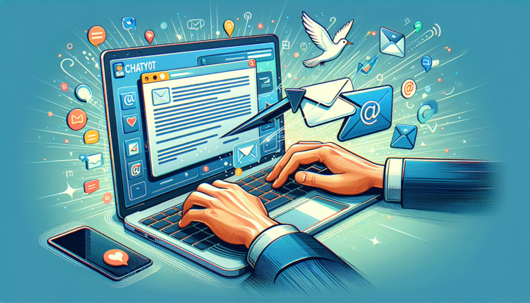 Une main tapant sur un clavier d'ordinateur portable, avec l'interface de ChatGPT affichant un email professionnel parfaitement rédigé. En arrière-plan, des icônes d'envoi d'email fusent. Style lumineux, moderne et dynamique, couleurs inspirées de Gmail ou Outlook. Ajouter un petit logo ChatGPT discret dans un coin.