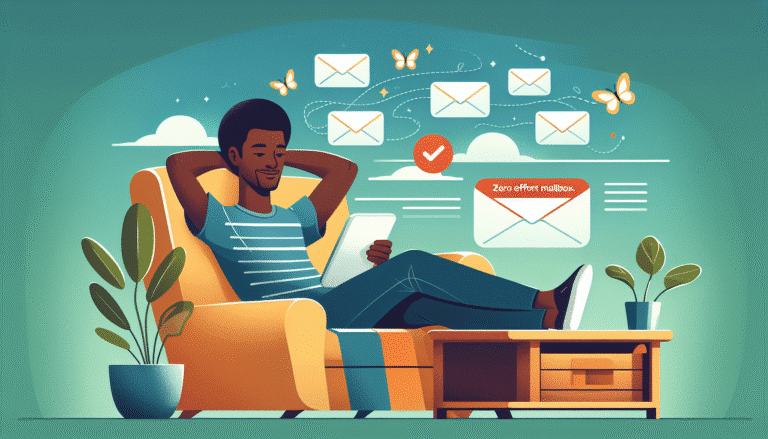 Illustration d'une personne souriante et détendue, assise dans un fauteuil confortable, utilisant une tablette qui affiche une boîte mail vide et organisée. Des icônes stylisées représentant des emails s'envolent comme des papillons. Couleurs vives et apaisantes. Style illustration vectorielle moderne. Format paysage >1200px. Titre "Cleanfox : Boîte Mail Zéro Effort".