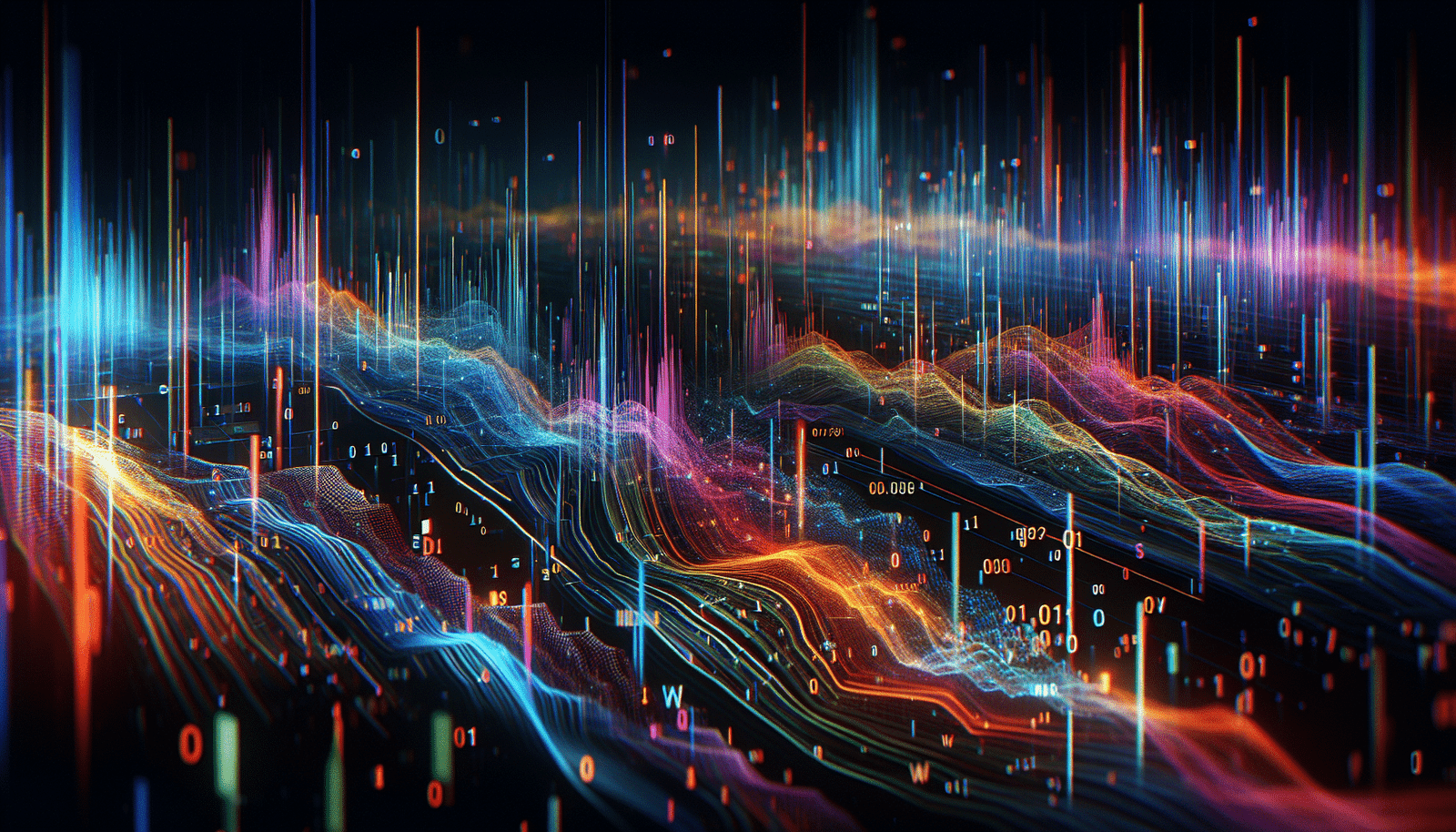 Des lignes de code colorées défilant sur un écran sombre, avec un effet de profondeur et de mouvement. Style futuriste et dynamique, avec une représentation visuelle d'un réseau neuronal en arrière-plan.