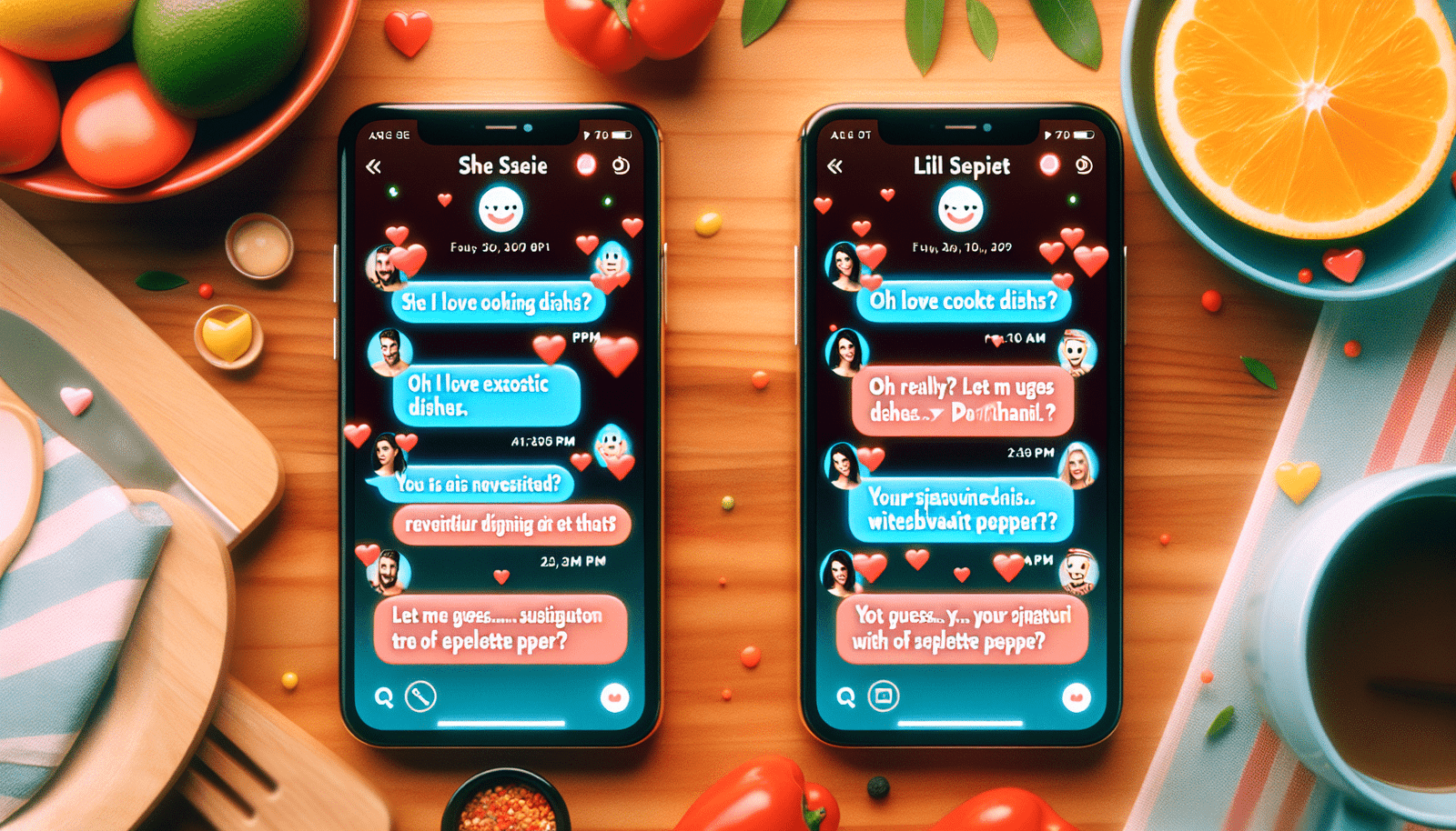 Deux smartphones s’affichent côte à côte, avec une conversation fluide et dynamique sur une appli de rencontre. De petites bulles symbolisant l'IA suggèrent des réponses drôles et pertinentes à chaque message.  Exemple :  "Elle : J'adore cuisiner des plats exotiques. Toi (suggestion IA) :  Ah oui ?  Laisse-moi deviner… ton plat signature, c'est le Pad Thaï revisité avec une touche de piment d'Espelette ?". Ambiance joyeuse et colorée.