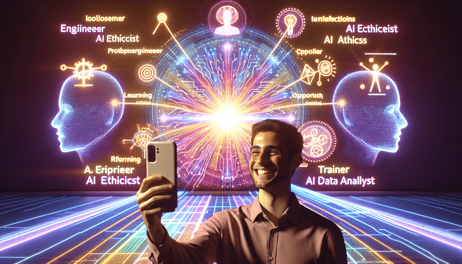 Une personne souriante devant un tableau lumineux représentant une constellation de mots-clés liés à des métiers émergents de l'IA (Prompt Engineer, Ethicien IA, Formateur IA, Analyste de données IA), symbolisant l'apprentissage et l'opportunité. Couleurs vives et inspirantes, composition verticale optimisée pour mobile.