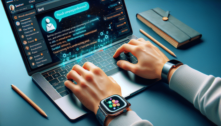 Une main tapant sur un clavier d'ordinateur portable avec une interface de chat Bard affichant un email professionnel parfaitement rédigé. Style Discover : couleurs vives, image nette et moderne. La main porte une montre connectée, illustrant le gain de temps. L'email affiché concerne une invitation à une conférence sur l'IA.