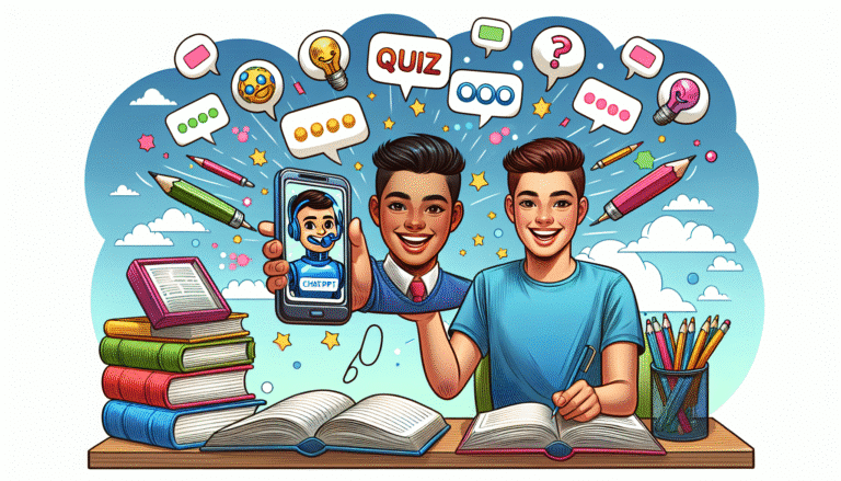 Illustration stylisée et colorée d'un étudiant souriant interagissant avec ChatGPT sur son téléphone, avec des bulles de quiz qui flottent autour. Fond avec des livres ouverts et des crayons. Style bande dessinée, couleurs vives.